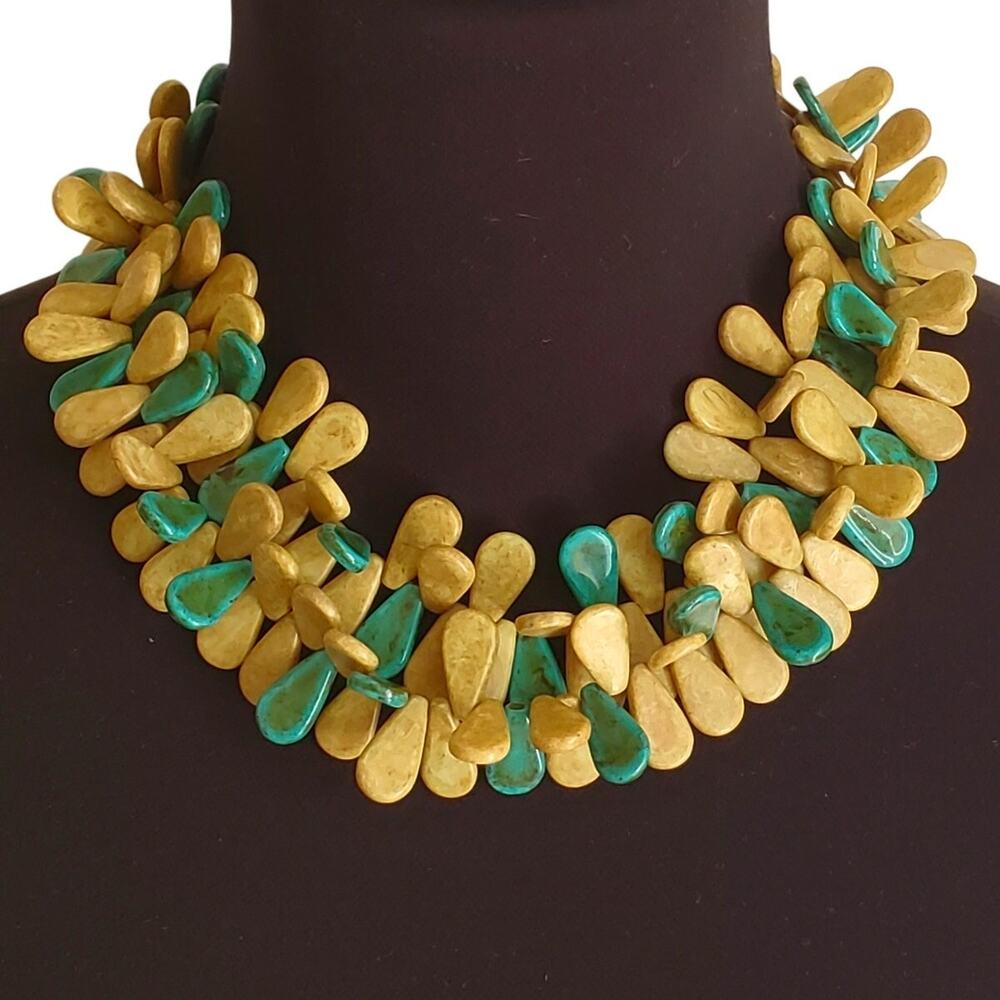 Acrylic Bead Boho Necklace Faux Turquoise Multi-Strand Statement Chunky Collar